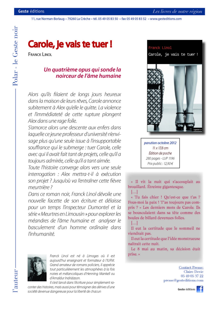 4e couvd "Carole, je vais te tuer !". Roman noir de Franck Linol 