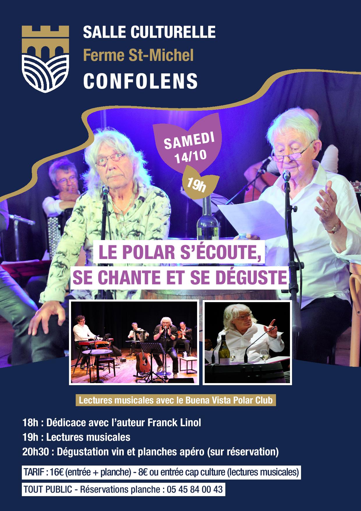 Affiche spectacle avec Franck Linol "Le polar s’écoute, se chante et se déguste"... à Confolens.